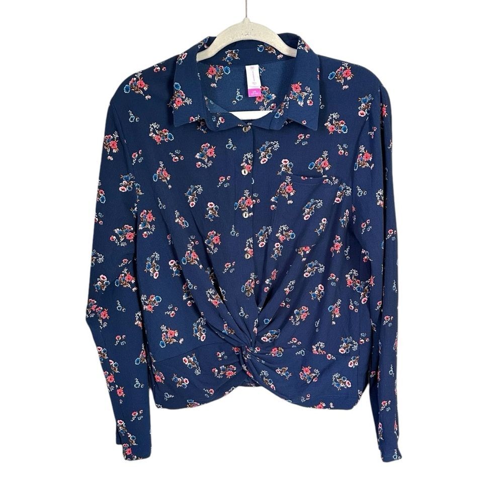 No Boundaries Women's Sz L (11-13) Cropped Gathered Bottom Shirt Blue Floral